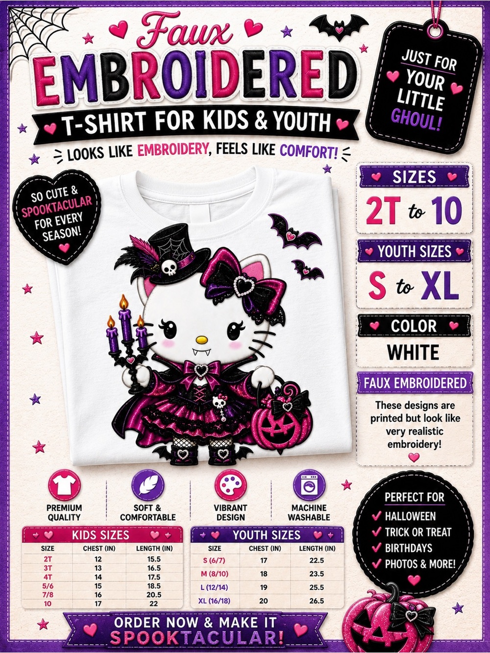 Hello Kitty Vampire Halloween t-shirt- kids, Black, Orange, Green New S M L X